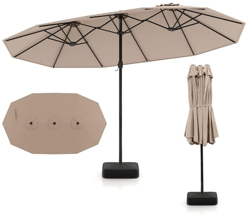 COSTWAY Parasol de Jardin Extérieur XXL avec Pied, Double 4,5 m, 12 Baleines en Métal, 2 Sacs de Sable, Manivelle, Grand Parasol pour 6 Personnes, pour Terrasse, Jardin, Piscine (Marron)