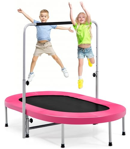 COSTWAY 2 personer, studsmatta med höjdjusterbart handtag, 150 kg belastbar, vikbar barnstudsmatta, trädgårdsstudsmatta för barn och vuxna (rosa)