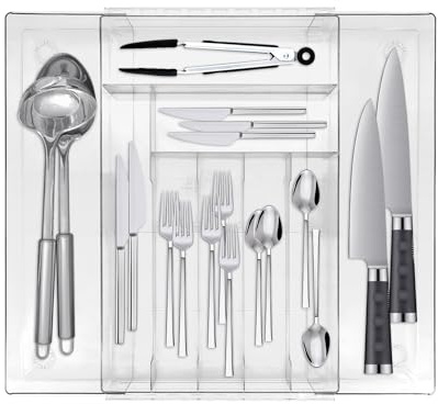CheurYae Organiseur de tiroir à couverts, organiseur de tiroir de cuisine extensible à 8 compartiments, organiseur de cuisine en plastique pour cuillère, fourchette, couteau (taille L)