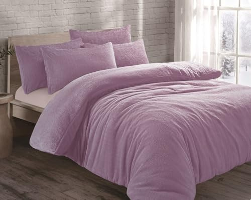 Teddy Bear Fleece Thermal Warm Cosy Soft Fur Duvet Cover Set With Pillow Cases (Lilac, Double)