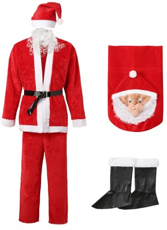 HELLORSOON Costume De NoëL Homme, DéGuisement De PèRe NoëL avec Capuche Saint Nicolas Costume Ensemble FêTe Cosplay Chapeau avec Perruque Barbe Gants Ceinture Pantalon Bottes.