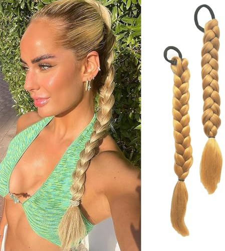 2 Pcs 16 zoll Blonde Braid Extensions Pferdeschwanz Verlängerung mit Haargummi 40cm Lange Geflochtener Ponytail Verlängerung Natürliches Haarverlängerung Synthetisches Zopf Haarteil für Damen