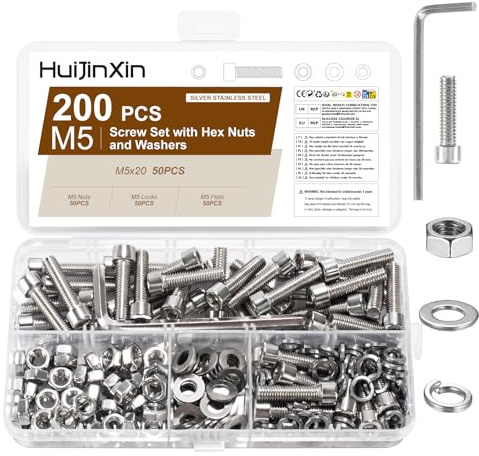 200 Stück M5 x 20 mm Schrauben Set,Innensechskant Schrauben Muttern Set,Edelstahl Zylinderschrauben mit Muttern Sets,Sechskantschrauben Unterlegscheiben Sortiment,Maschinenschrauben Gewindeschrauben