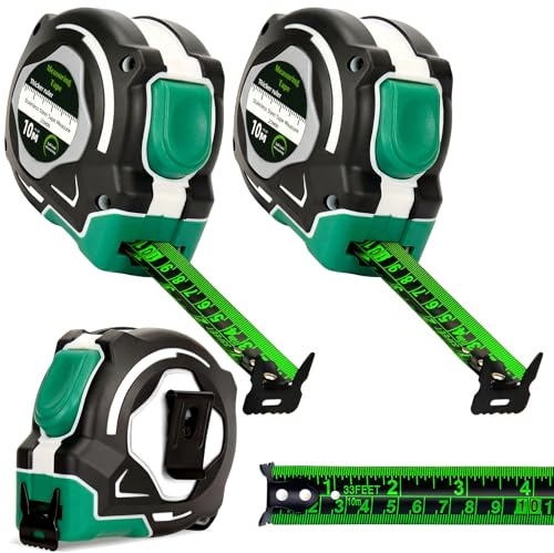 Lot de 2 rubans à mesurer de précision en acier inoxydable transparent fluorescent gradué double face - Largeur 25 mm - 10 m - Facile à lire - Vert