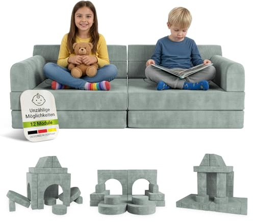Juskys® Kindersofa Kayo – Cord, modular & weich, Sofa für Kinderzimmer & Spielzimmer, sicher, flexibel, pflegeleicht, mit abnehmbaren Bezügen – Hellgrün