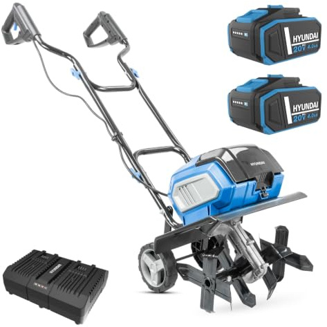 Hyundai 36cm / 14” 40V Cordless Tiller (2x20V), Brushless Motor, 205mm Depth, 4 Steel Blades, 2x 4.0Ah Batteries & Dual Charger