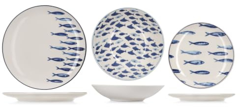 H&H Ionic Servizio Tavola 18 Pezzi in Stoneware Decorato, Set Piatti Completo per 6 Persone, Design Marino con Pesci Blu, Ideale per Estate e Case al Mare, Lavastoviglie e Microonde