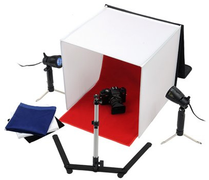 Fotodiox 50,8 x 50,8 cm Studio in Einer Box, komplettes Lichtzelt/Würfel-Set mit Vier Hintergründen + Zwei Lichtern + 1 Kameraständer