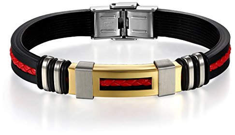 JewelryWe Schmuck Herren Armband, Klassisch Edelstahl Schwarz Kautschuk Armreif Armschmuck mit Rot Geflochten Leder Seil, 2 Modellen