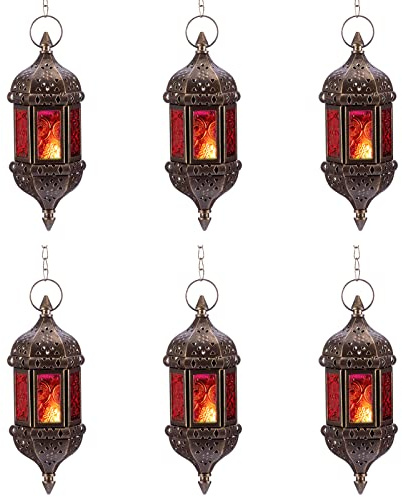 6 Pcs Hanging Hexagon Decorative Moroccan Candle Lantern Holders, Handmade Hanging Tea Light Holder in Bronze Metal & Red & Purple Glass Gift & Decor Items