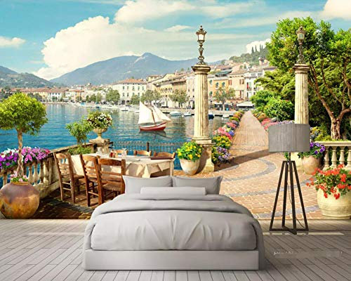 Papel Pintado 3D Jardín Balcón Lago Pueblo Paisaje Fotomural 3D Papel Tapiz Moderno Wallpaper