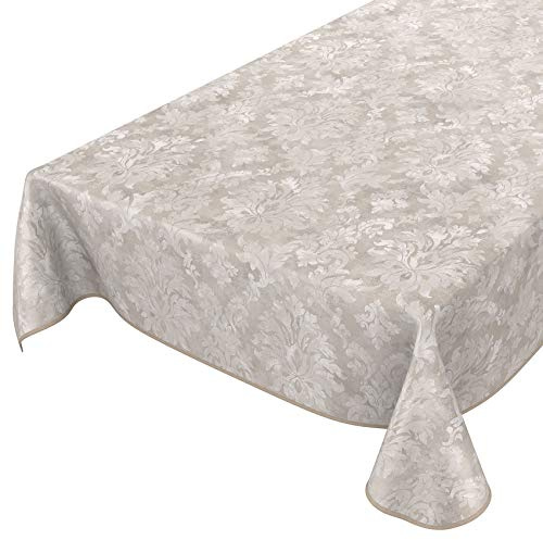 Vaxduk tvättbar trädgårdsduk vaxduk rund oval kantig inomhus utomhus barock rankmönster ljusgrå beige 160 x 140 cm med fåll – kantad