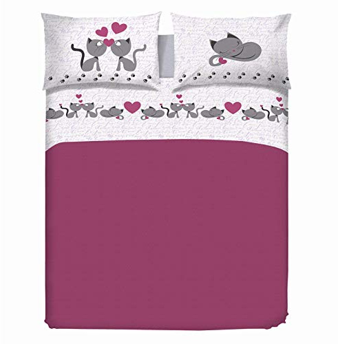 PENSIERI DELICATI Completo Letto Matrimoniale 100% Cotone, Completo Lenzuola Matrimoniali 180x200 Comprensivo di Lenzuolo sotto, sopra e 2 Federe, Made in Italy, Fantasia Gattini Rosa