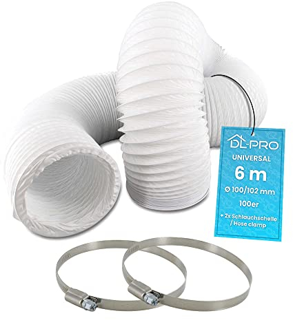 DL-pro 6m Abluftschlauch Ø100 mm (Innenmaß) – kompatibel mit Klimaanlage, Dunstabzug, Trockner – inkl. 2 Schlauchschellen – PVC Flexrohr weiß – NICHT für Ø102 mm Geräte