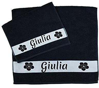 MAGIE DI CASA Personalisierte Handtücher mit Namen, Set mit 2 Stück Badeschwamm, Gesicht + Gästehandtuch aus 100% Baumwolle (Schwarz, Blume)