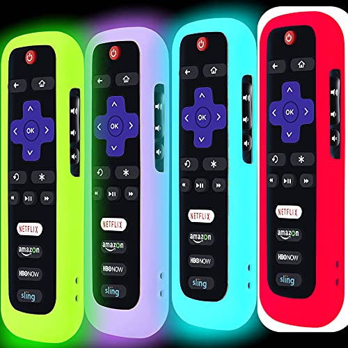 4 Stück Fernbedienungshülle, Akkuabdeckung für TCL Roku Smart TV Steaming Stick Remote, Silikon-Schutzhülle, Controller, universelle Hülle, leuchtet im Dunkeln, Grün, Blau, Lila, Rot