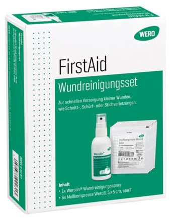 WERO FirstAid Wundreinigungsset – Wundreinigungsspray & Mullkompressen | Schnelle Reinigung kleiner Wunden, Erste-Hilfe-Set
