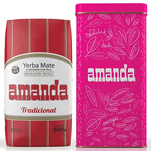 Amanda Set: Yerba Mate Tee Tradicional 500g + Geschenk Probe (40g) mit Amanda Dose aus robustem Stahlblech (Rosarot) | reich an Vitaminen, Antioxidantien Tee mit Koffein |