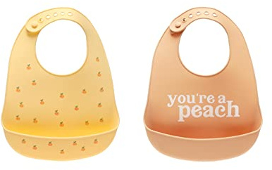 Pearhead Silicone Bib Set of 2, One Baby Girl You’re a Peach Bib, One Yellow Peach Bib, Earth Tone Baby Bib Set, Baby Feeding Accessory for New Parents and Expecting Parents, 2 Baby Bibs