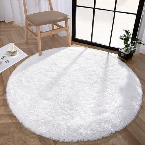 Enyhom Tapis Rond Moelleux et Doux à Poils Longs en Peluche Lavable pour Chambre à Coucher Chaise Université Dortoir Décoration d'intérieur, 120 cm Blanc