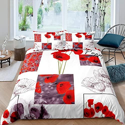 RAMOTE Housse de Couette 240 x 260 Coquelicot Rouge, Parure de Lit Carthame 2 Personnes, Imprimée Microfibre Housse Couette Coquelicot Rouge, 2 Taies d'oreiller 65x65 cm