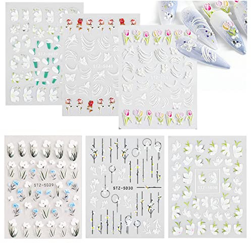 6 Feuilles Stickers Ongles,5D Stickers Ongles Autocollants,Fleurs Stickers Nail,Nail Art Sticker Autocollants à Ongles Auto-adhésifs de Décoration,pour DIY Nail Art Décor