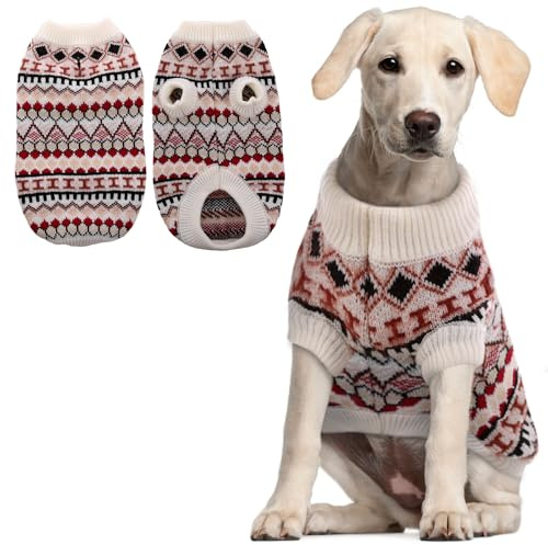 Hjumarayan Hundepullover für große Hunde – Boho Strickpullover warm & dick für Winter | weich & elastisch | mit Geschirröffnung | leicht anzuziehen | Australischer Schäferhund (Beige Rot XXL)