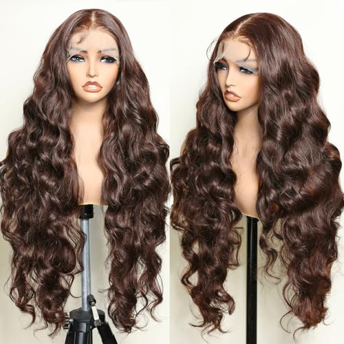 SOKU 81,3 cm lange braune Lace-Front-Perücke, leicht, gewellt, vorgezupfter Haaransatz mit Babyhaar, kleberfrei, transparent, Spitze, hitzebeständig, synthetische Lace-Front-Perücke für schwarze