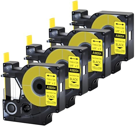 4-pack Cruxer ersättning för DYMO 18054 industriell värmekrympslang tejp 9 mm 1,5 m värmekrympslang etikett svart på gul kompatibel med DYMO Rhino 4200, 5200, 5000, 6000 etiketttillverkare