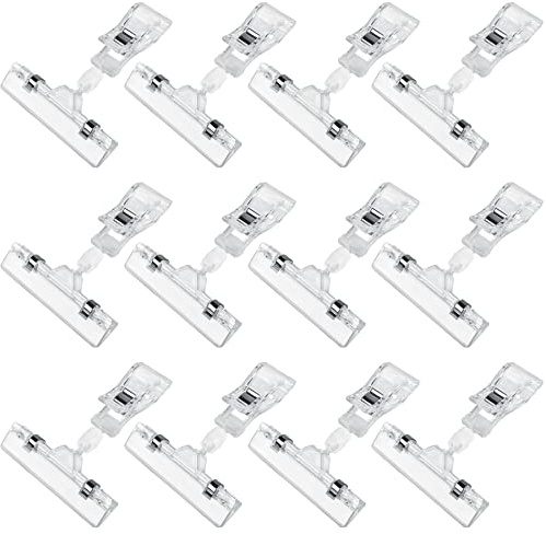 Clear Sign Clips Merchandise Display 12 Pack Plastic Label Pop Clips on Sign Holder Shelf Double Sided Swivel Price Tag Holders on Clothing Rack Rotatable Menu Clamps for Sale Retail Display