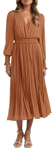 PRETTYGARDEN Damen Wickelkleid mit V-Ausschnitt für Hochzeitsgäste, lässig, plissiert, langärmelig, Midi-Kleid, Rüschen, gesmokt, langes Kleid, Braun, Groß