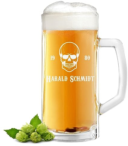 polar-effekt Bierglas Krug mit Gravur - Bierkrug mit Namen als Geburtstagsgeschenk - Geschenke für Männer - Bierglas zum Geburtstag und Jubiläum - für Papa und Opa - Motiv Totenkopf