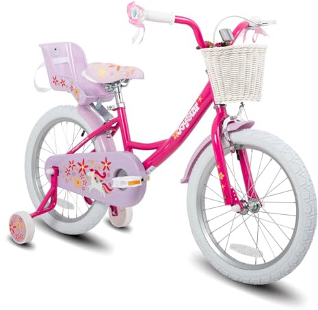 JOYSTAR Unicorn 18 Inch Kids Bike for 5-8 Years Girls with Doll Bike Seat 18 Children Bicycle with Training Wheels Basket Streamer Princess Kids' Bikes Purple