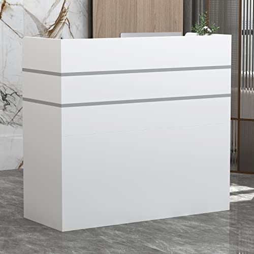 Banco reception, tavolo bancone per ufficio con 3 cassetti, disponibile, schermo privacy, bianco, MDF, maniglia in metallo, 110 x 120 x 48 cm