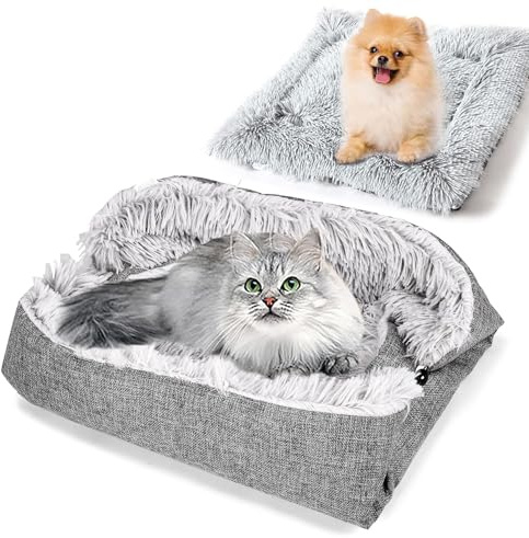 Katzenbett, 2 in 1 Plüsch Weich Katzenkissen, Hundebett, Haustierbett, Klein Hund Bett, Katzendecke, Tierbett, Katzenbett Flauschig, Waschbar, für Katzen Und Kleine Hunde, 60 cm x 52 cm (Grau)