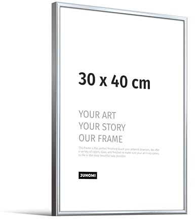 JUNOMI® Bilderrahmen 30x40 cm, Aluminium Silber glänzend, Posterrahmen | Moderner schmaler Rahmen aus Aluminium mit bruchsicherem Acrylglas, Hoch- und Querformat, für Fotos, Poster und Kunstdrucke