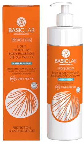 BasicLab Dermocosmetics BasicLab - Lozione solare impermeabile SPF50+, protezione solare, 300 ml, per bambini e adulti, per donne e uomini, leggera e facile da applicare