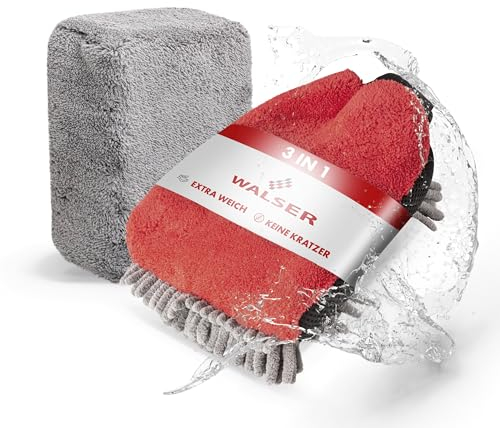 WALSER guante de lavado de coche, juego de 2 esponjas y guantes de coche para un cuidado óptimo del exterior del coche, esponja de coche premium para un lavado eficiente del coche