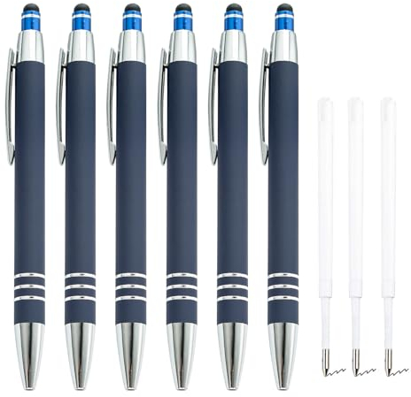 ENLACE Hochwertig Kugelschreiber Set 6 Stück Ergonomischer Kugelschreiber Metall Kulli mit Rutschfeste Griffzone, Druckkugelschreiber mit 10 Stück Kugelschreiberminen für Büro Haushalt, Dunkelblau