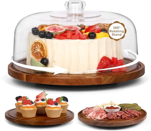 Bellsal Cake Stand with Dome Lid, 12in Acacia Wood Cake Plate with Cover, Wooden Cake Display Stand with Acrylic Dome, Cake Decorating for Baking Gift
