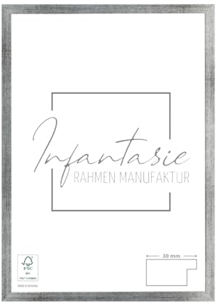 Infantasie 'N°2' Bilderrahmen 70x90 handgefertigt nach Maß | Silber gebürstet | MDF Holz-Design Collage Rahmen inkl. Kunstglas und Metall Aufhänger (Querformat & Hochformat)
