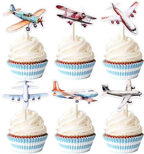 Pack of 36 Plane Cake Decorations, Level Cupcake Toppers, Aeroplane Cake Decoration for Baby Shower, Aviation Fighter Theme, Birthday Cupcake Decorations