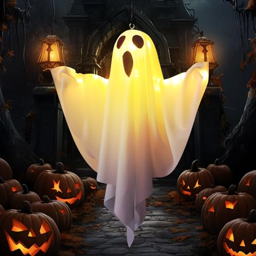 Halloween Deko Lichterketten Gruselig Geister mit LED Lichtern Windsack,Halloween Dekoration Hängende Geist Beleuchtung Hängende Geister für Vorgarten Terrasse Rasen Garten Partydekor (Weiß)