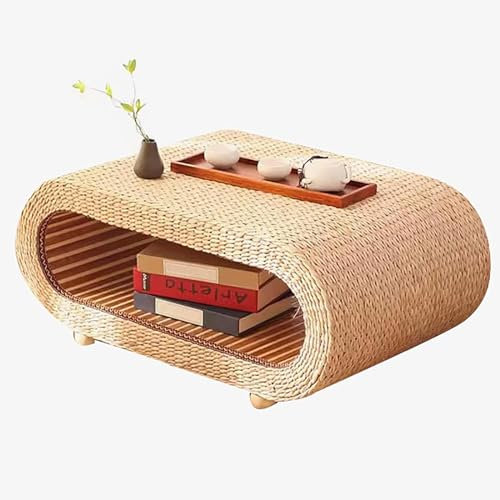 Handgefertigter japanischer Couchtisch aus Rattan, rustikaler Teetisch für Wohnzimmer, Seegras, niedriger Tisch, rechteckiger Korbtisch, natürliches Finish, 79,8 x 49,8 x 34,8 cm