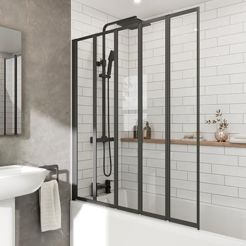 Luxura® 5 Panel 1400 x 1200mm Black Over Bath Shower Screen Folding Hinged Door Glass Panels & Screens for Baths, 4mm Toughened Safety Glass, 180° Pivot Swing, Reversible