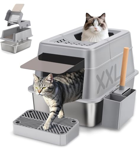 Edelstahl Katzenklo mit Deckel, 38L Große Kapazität 110° Flip-Cover Design | XXL Geschlossen Katzentoilette aus Edelstahl mit Schaufel und Fußpedal, Hoher Rand, Auslaufsicher und Leicht Reinigen