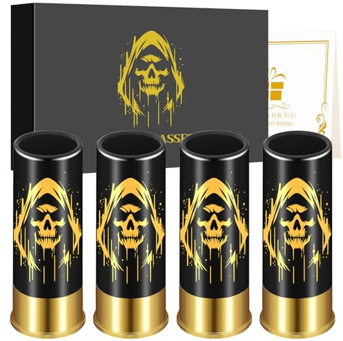 Totenkopf mit Hut Schnapsgläser aus Kunststoff, 4 Stück, 12GA Shotgläser | Kleine Schnapsgläser, 45ml, Plastik Shotgläser, mit Geschenkbox, für Männer und Frauen, Gothic-Fans, Geburtstag, Halloween