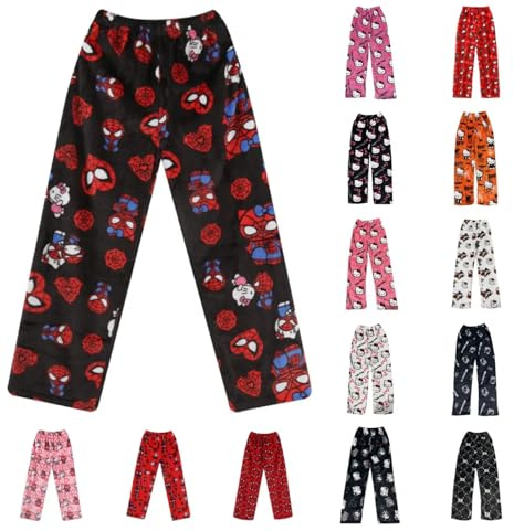 Bas de Pyjama Femme Polaire - Pantalon Pyjama Femme Flanelle Chaud et Doux Confort Cartoon Chat Anime Imprimé Kawaii Mode Décontracté Vêtements de Nuit Pantalons pour Maison Lounge