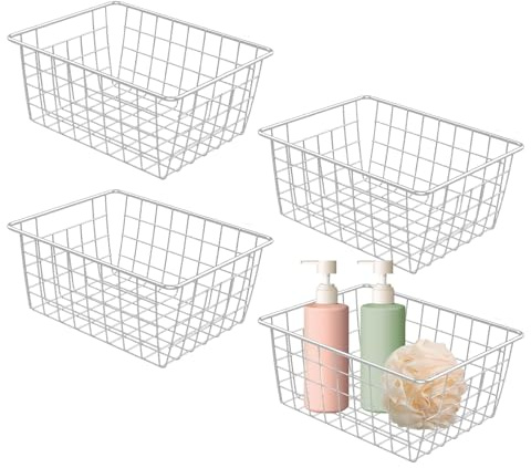 Confezione da 4 cestini portaoggetti in filo metallico bianco, per dispensa, organizer per freezer, cucina, dispensa, armadi, bagno, 28 x 22 x 12 cm