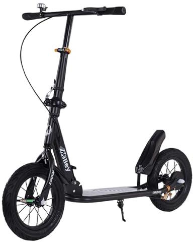 Areyourshop Shock-Absorbing Foldable Commuter Kick Scooter For Adults and Teens With 12 Large Smooth Rolling Rubber Air Tires,Black